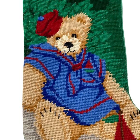 Handmade Needlepoint VTG Christmas Stocking Teddy Bear Sailor Girl - Picture 2 of 4